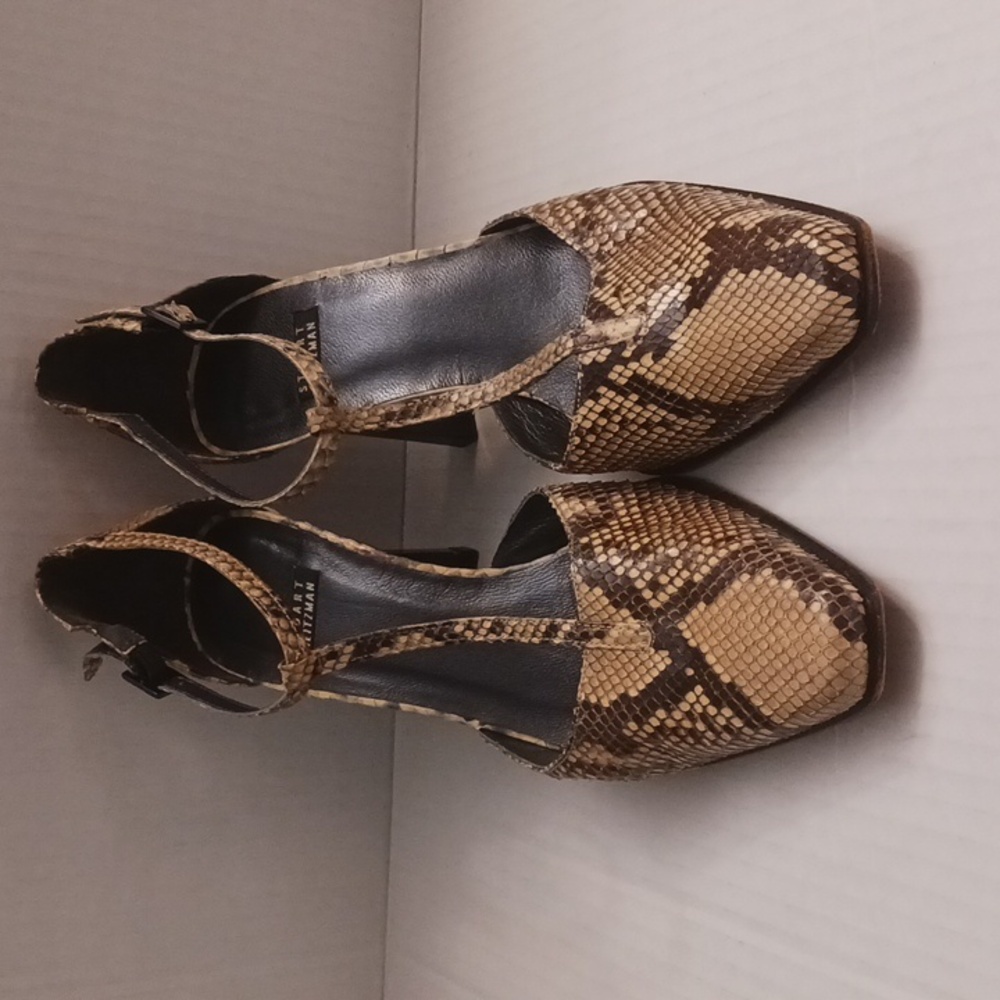 Stuart Weitzman size 7B women's snake print t-strap high-heel shoes brown cream. - Picture 3 of 17